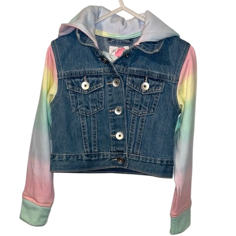 THE PLACE Blue and Pink Cropped Jean Jacket with Hood size 4
